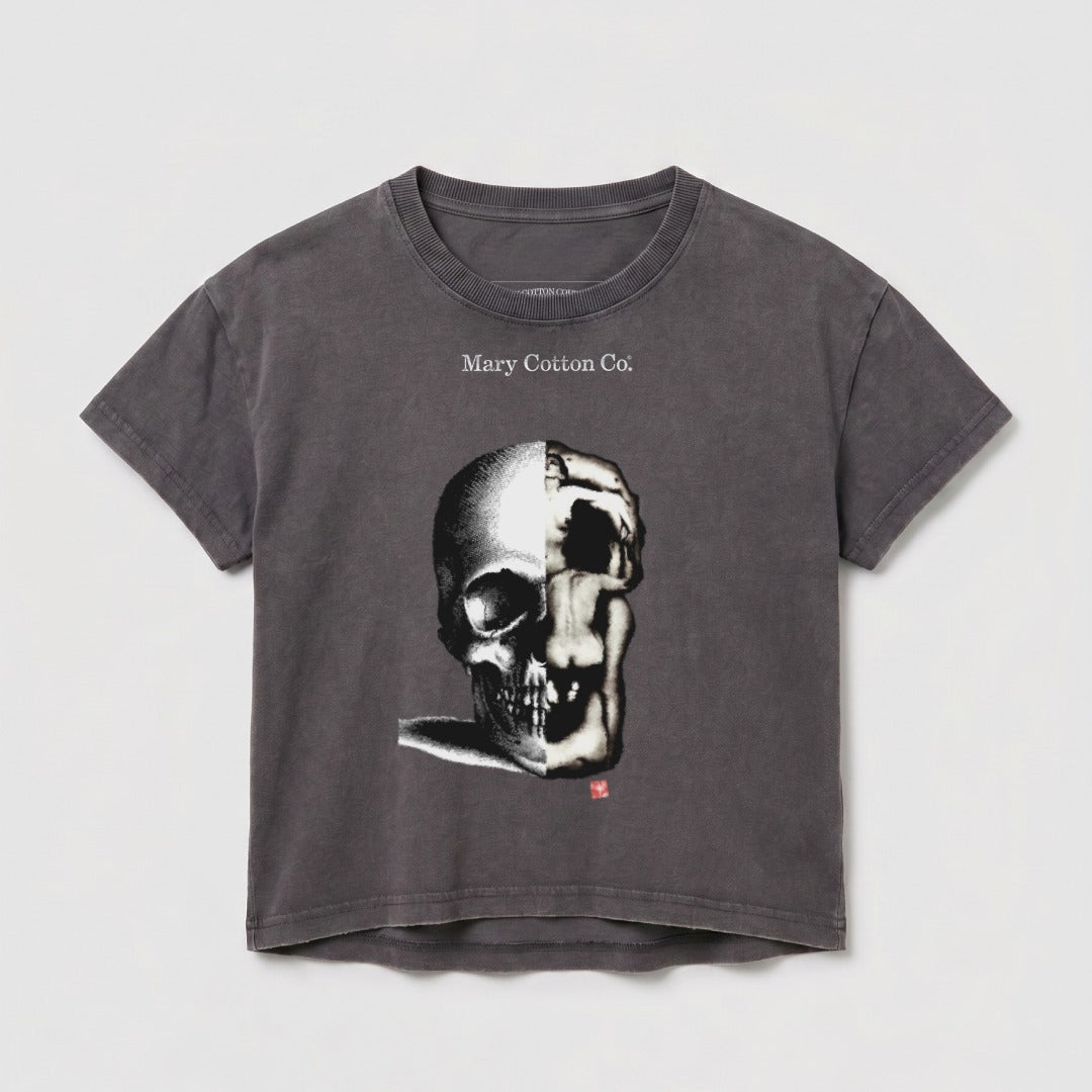 Dark grey t-shirt with split skull graphic and "Mary Cotton Co." text.