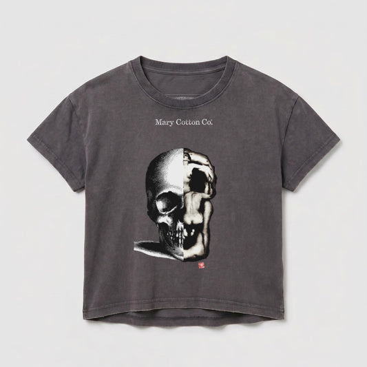 Dark grey t-shirt with split skull graphic and "Mary Cotton Co." text.