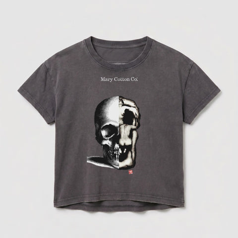 Dark grey t-shirt with split skull graphic and "Mary Cotton Co." text.
