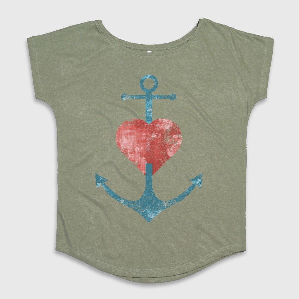 Heart and Anchor Graphic Olive Green Short Sleeve Top