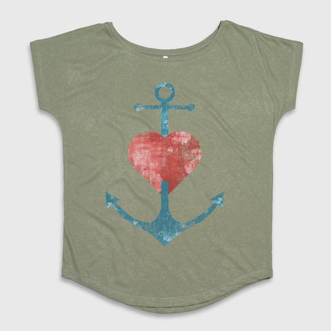 Heart and Anchor Graphic Olive Green Short Sleeve Top