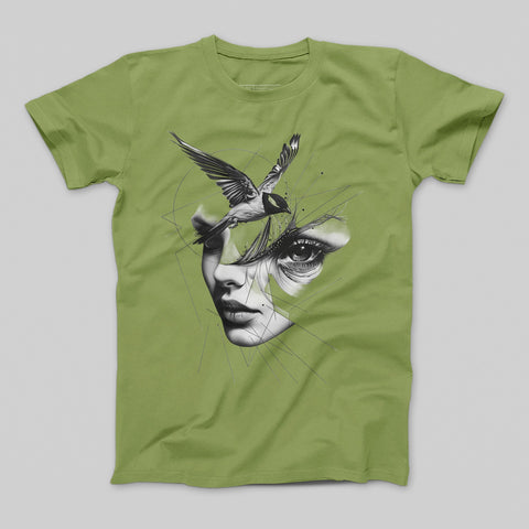 Artistic Bird and Woman Graphic T-Shirt