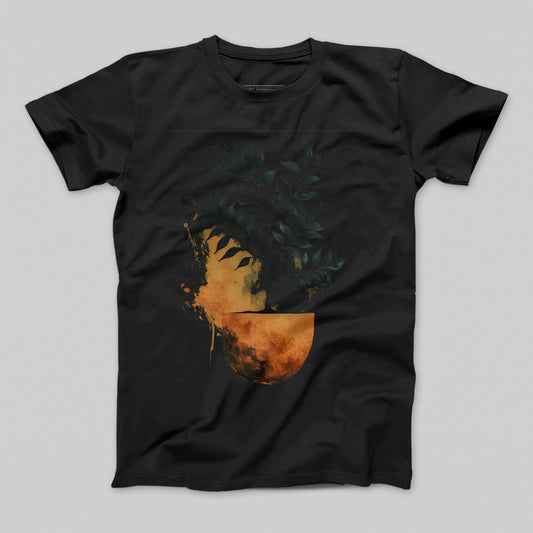 Black T-shirt with Artistic Plant Design Graphic Tee