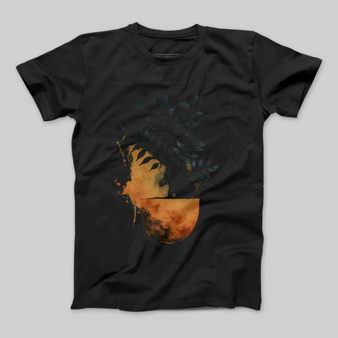 Black T-shirt with Artistic Plant Design Graphic Tee