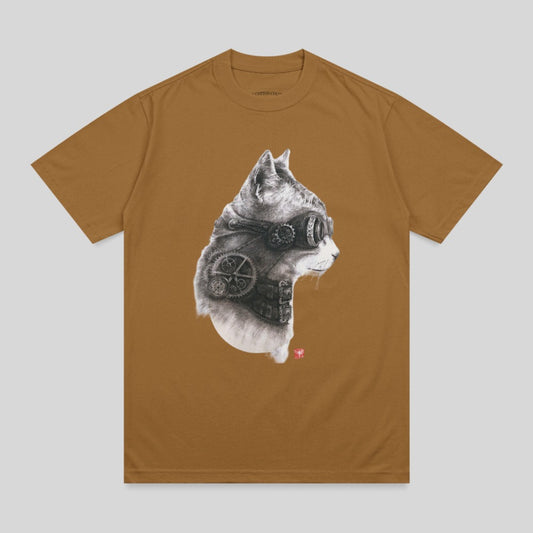 Brown t-shirt with steampunk cat illustration wearing goggles.