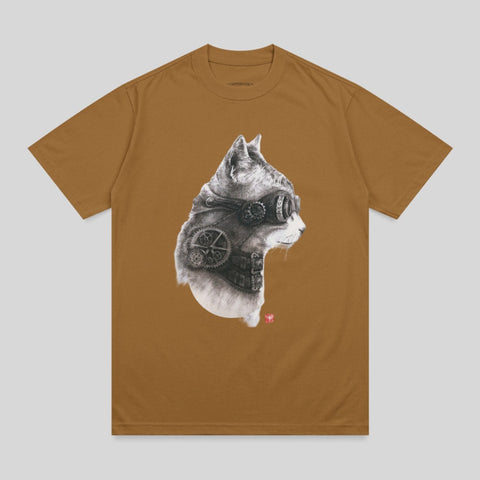 Brown t-shirt with steampunk cat illustration wearing goggles.