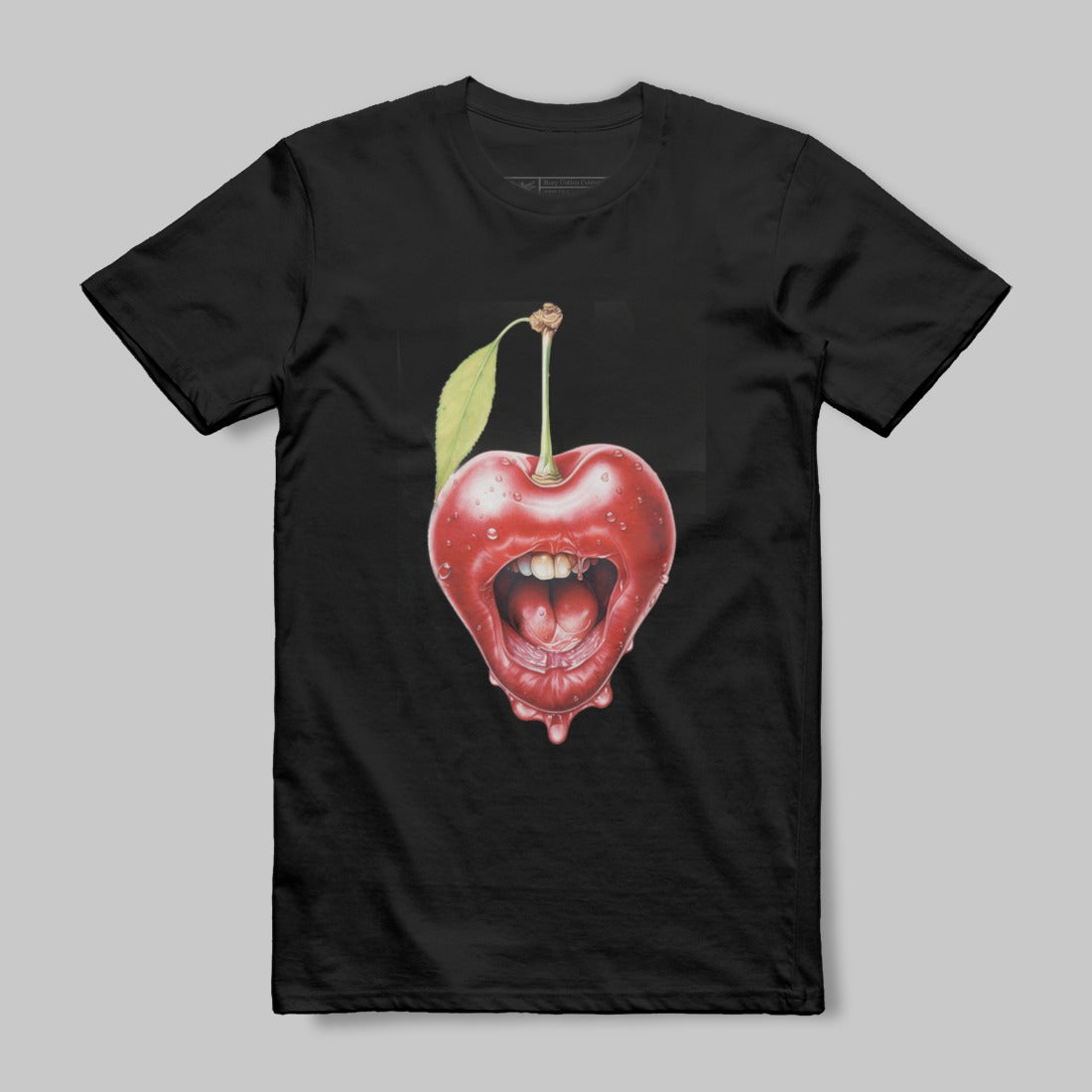 Cherry Mouth with Leaf Artistic T-Shirt Design