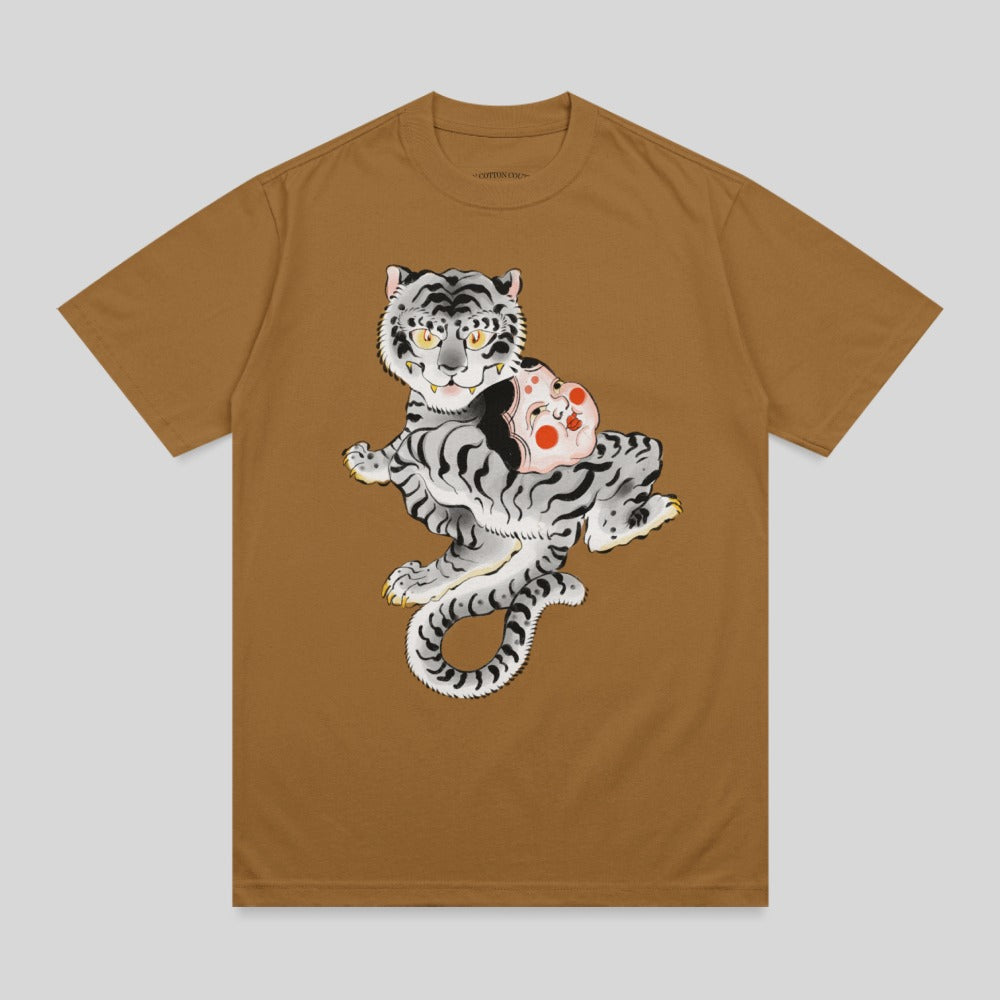 Japanese Art White Tiger Hannya Mask Graphics T-Shirt