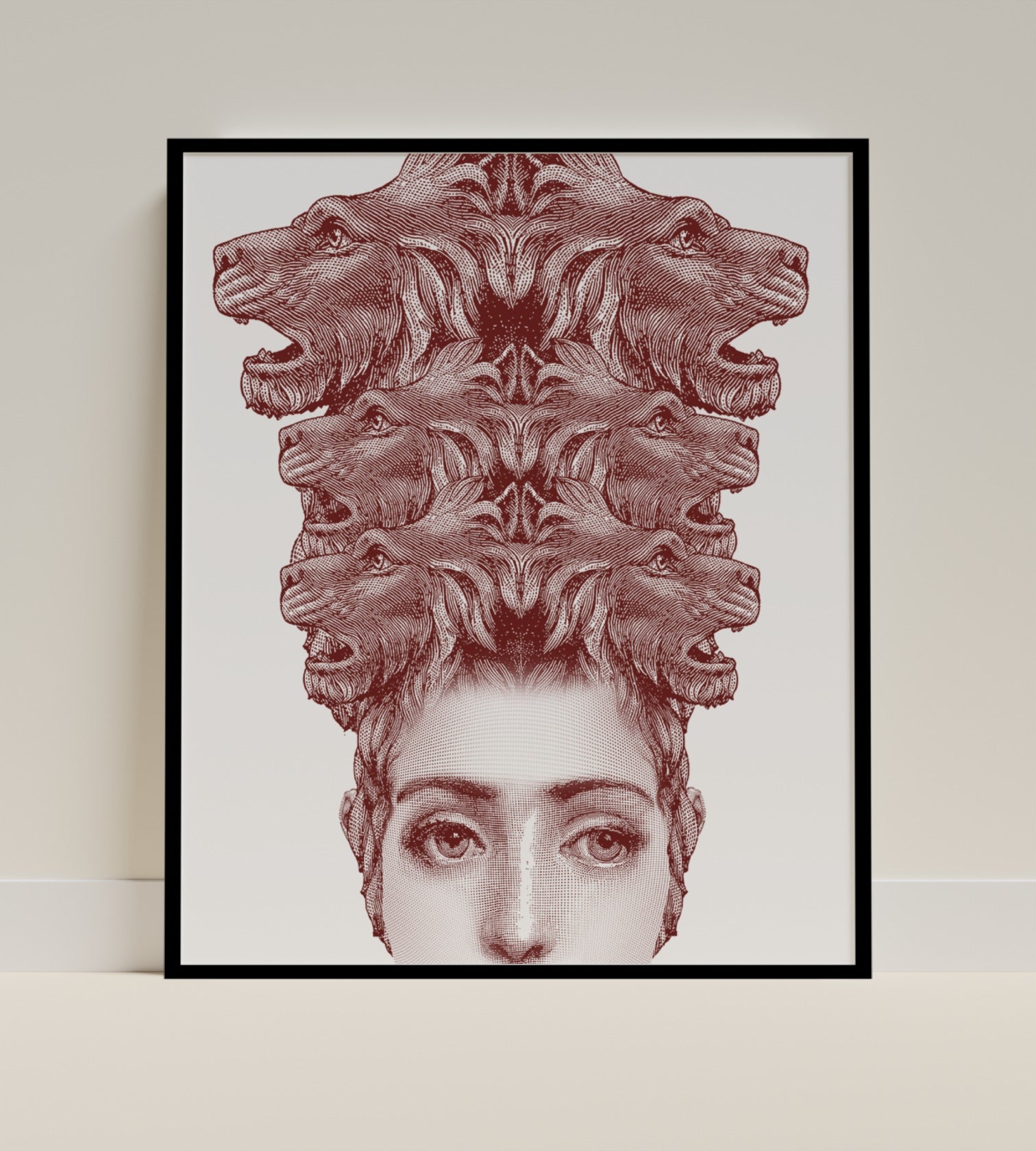 Intriguing Art Print of Woman with Multiplying Lion Heads