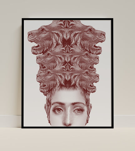 Intriguing Art Print of Woman with Multiplying Lion Heads