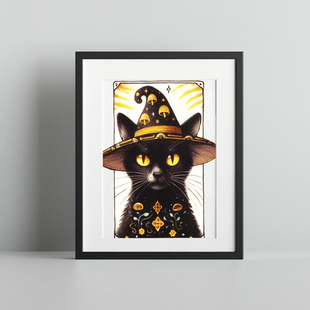 Enigmatic Black Cat in Witch Hat Framed Art Print