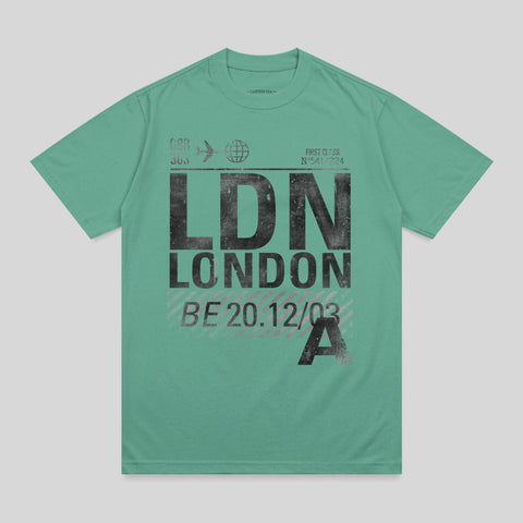 Green t-shirt with "LDN LONDON" and flight information in black.