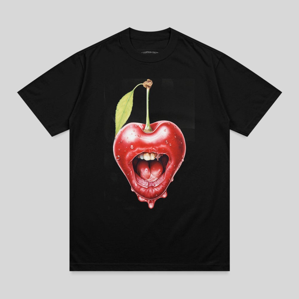 Surreal Red Cherry Open Mouth Dripping Design T-shirt