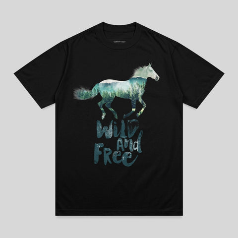 Black t-shirt with white graphic of a horse filled with a forest landscape and text.