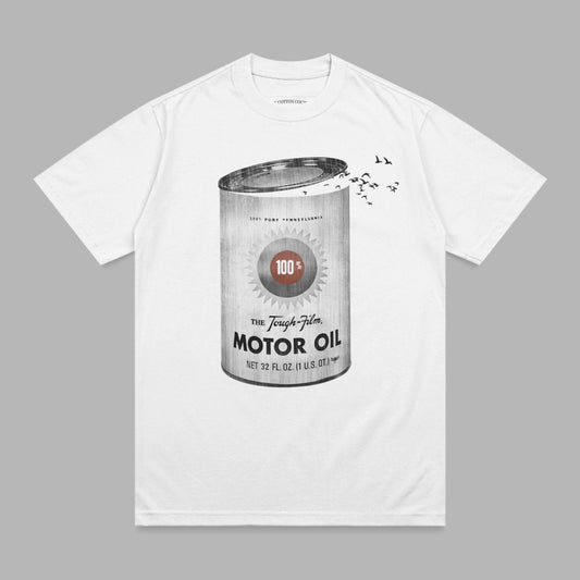 White t-shirt with vintage motor oil can graphic and birds flying.