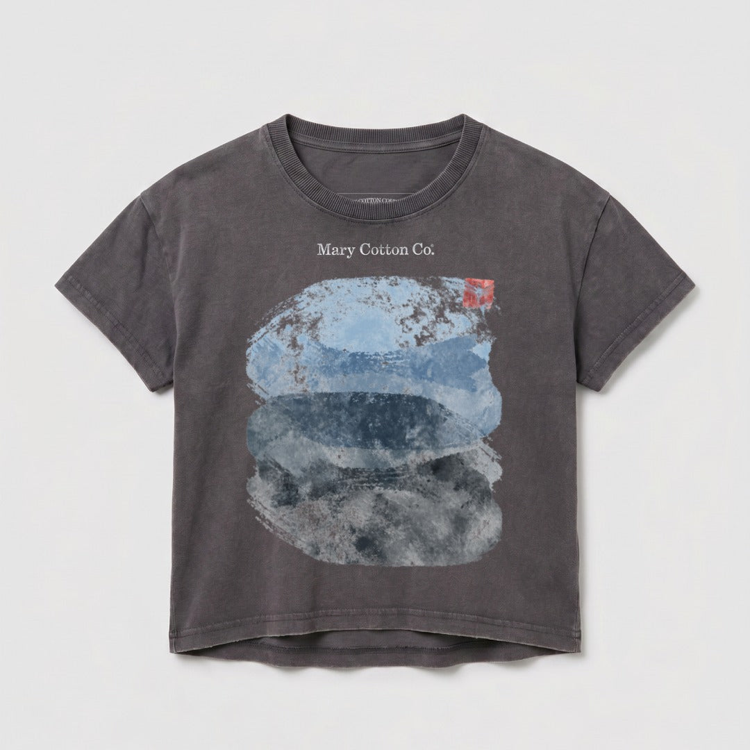 Dark gray t-shirt with abstract blue and gray paint strokes on front.