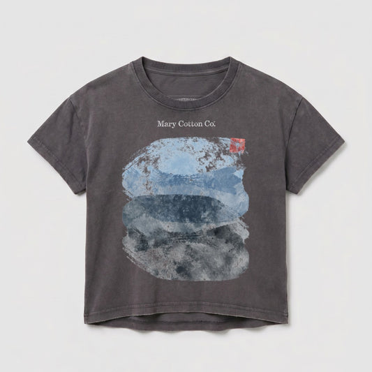 Dark gray t-shirt with abstract blue and gray paint strokes on front.
