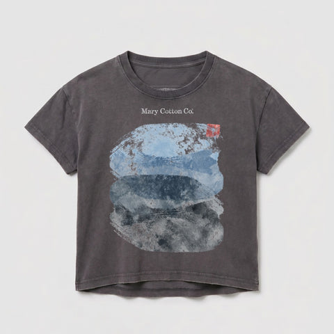 Dark gray t-shirt with abstract blue and gray paint strokes on front.