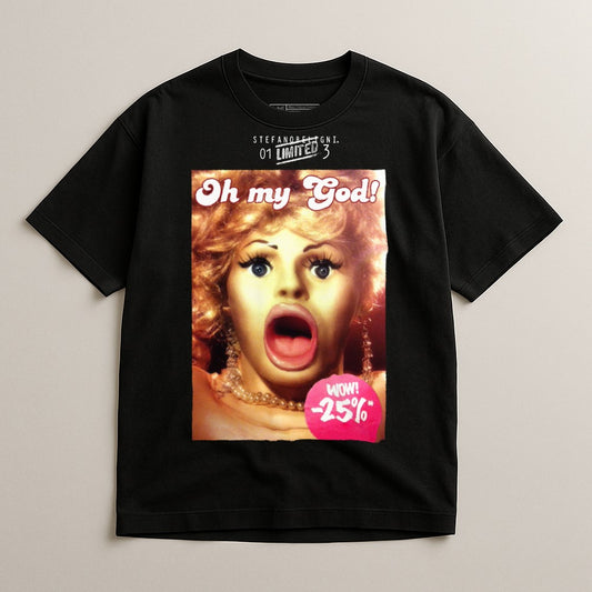 Black t-shirt with "Oh my God!" graphic featuring a woman's face and a "-25%" discount.