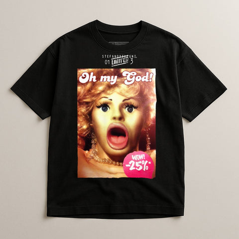 Black t-shirt with "Oh my God!" graphic featuring a woman's face and a "-25%" discount.