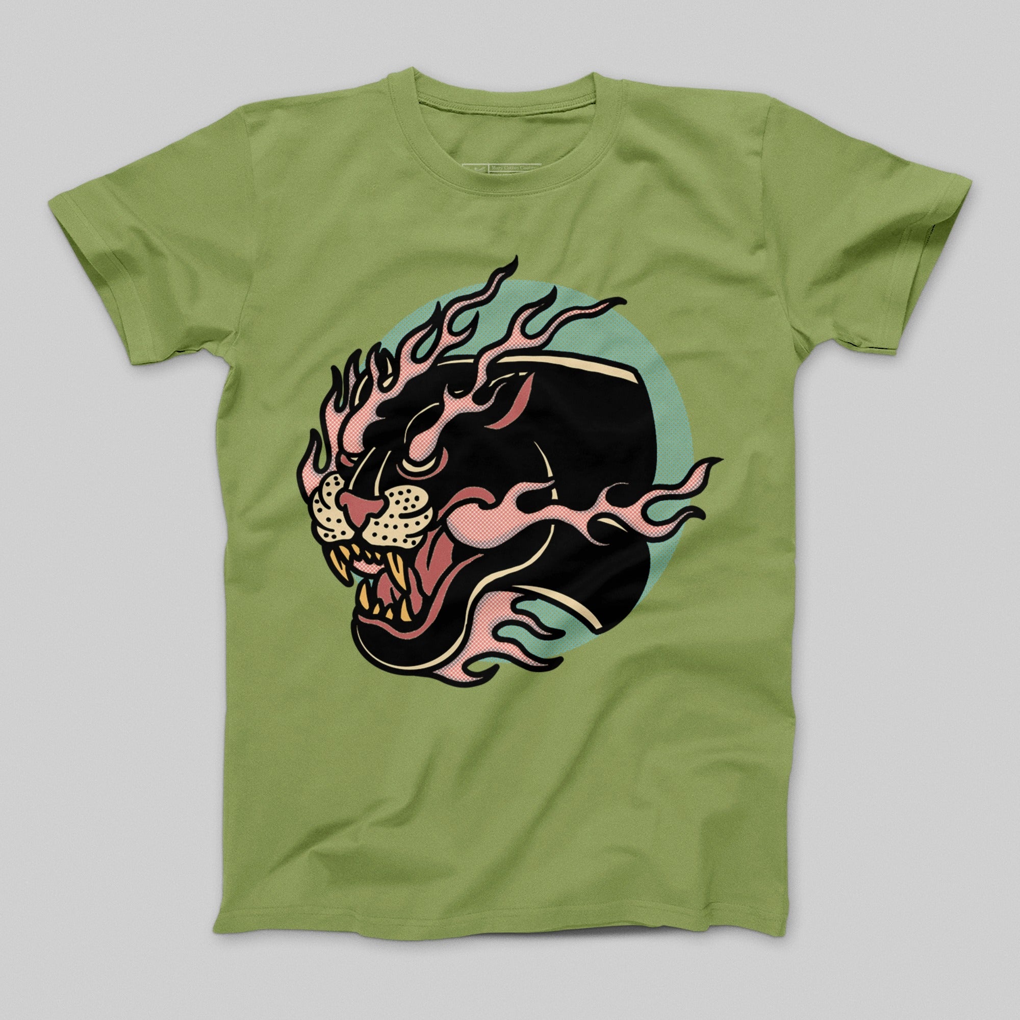 Flaming Panther Art on Olive Green T-Shirt Product