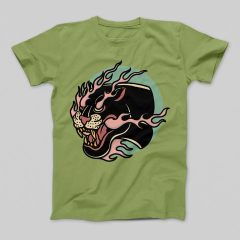 Flaming Panther Art on Olive Green T-Shirt Product