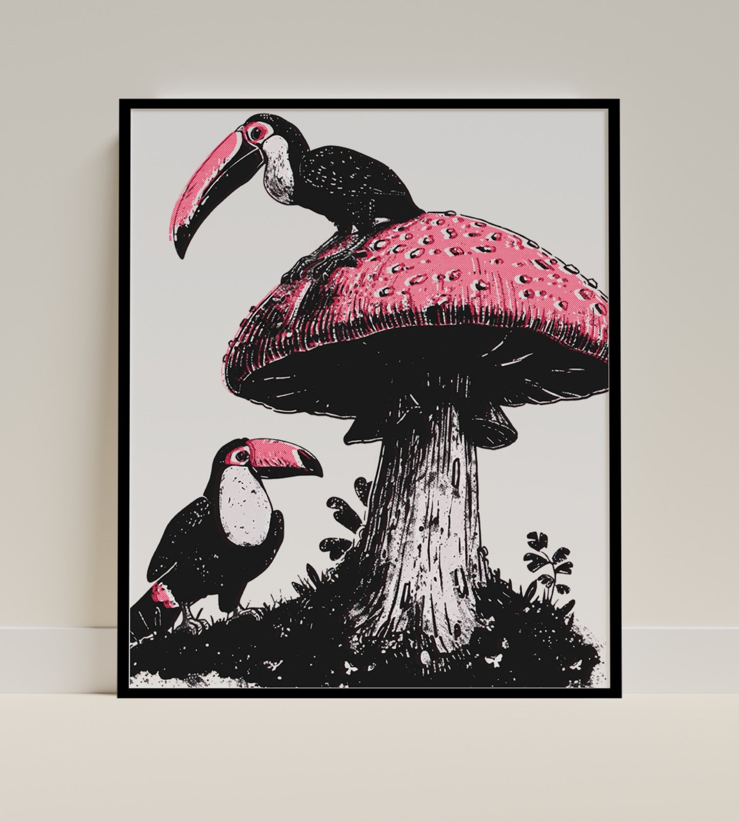 Toucans On Mushroom Black White And Pink Art Print