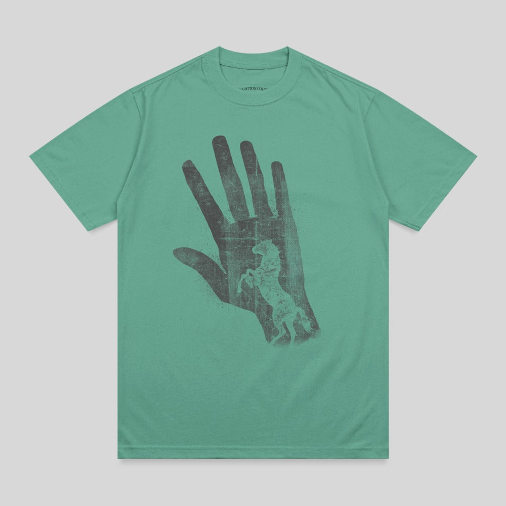Teal t-shirt with distressed horse silhouette inside a hand graphic.