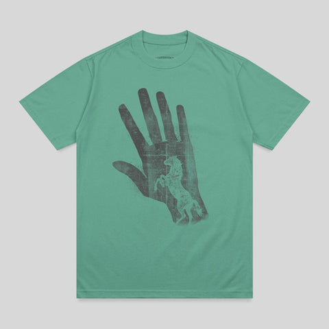 Teal t-shirt with distressed horse silhouette inside a hand graphic.