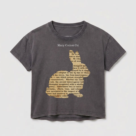 Dark grey t-shirt with a distressed rabbit graphic and text.