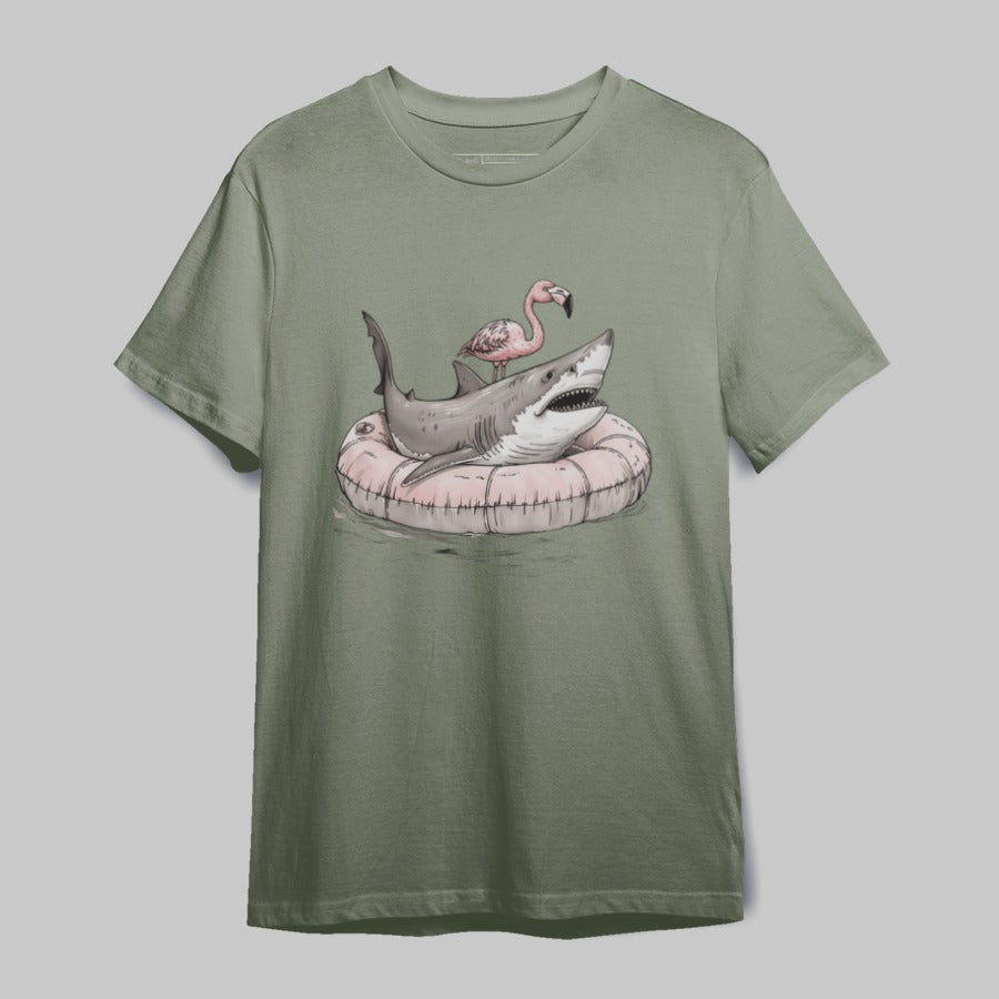 Shark and Flamingo on Float Printed T-Shirt