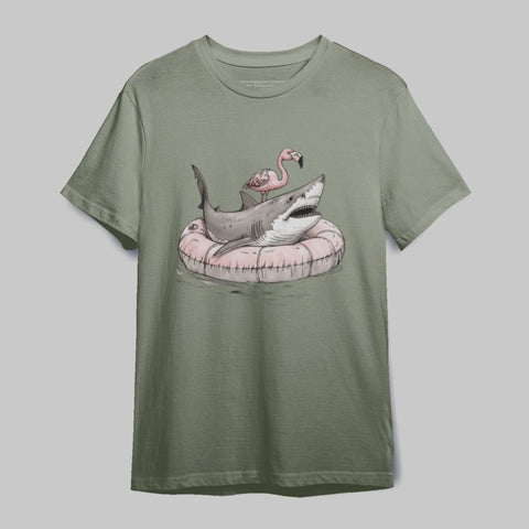 Shark and Flamingo on Float Printed T-Shirt