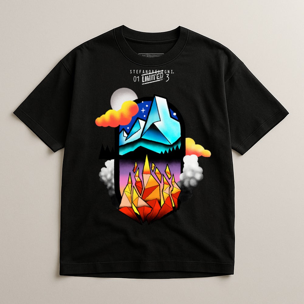 Vibrant Mountain and Flames Graphic T-Shirt