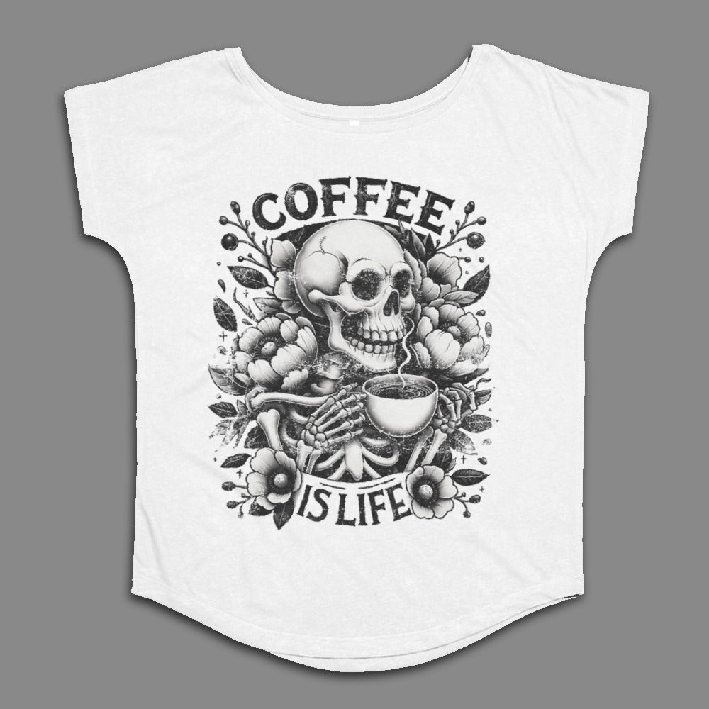 Coffee Is Life Skull and Flowers Art T-Shirt