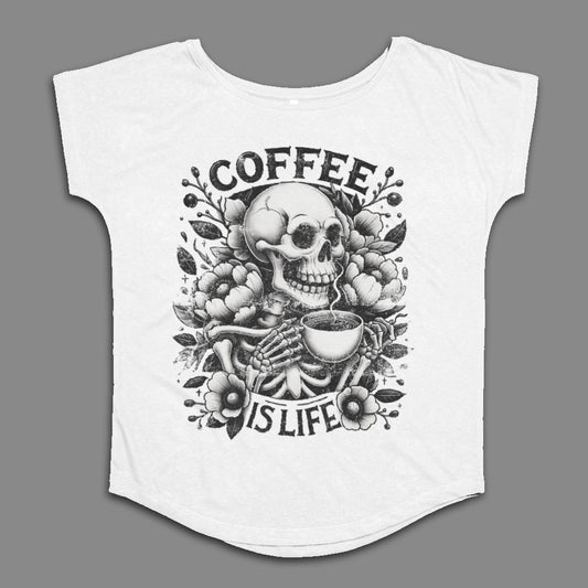 Coffee Is Life Skull and Flowers Art T-Shirt