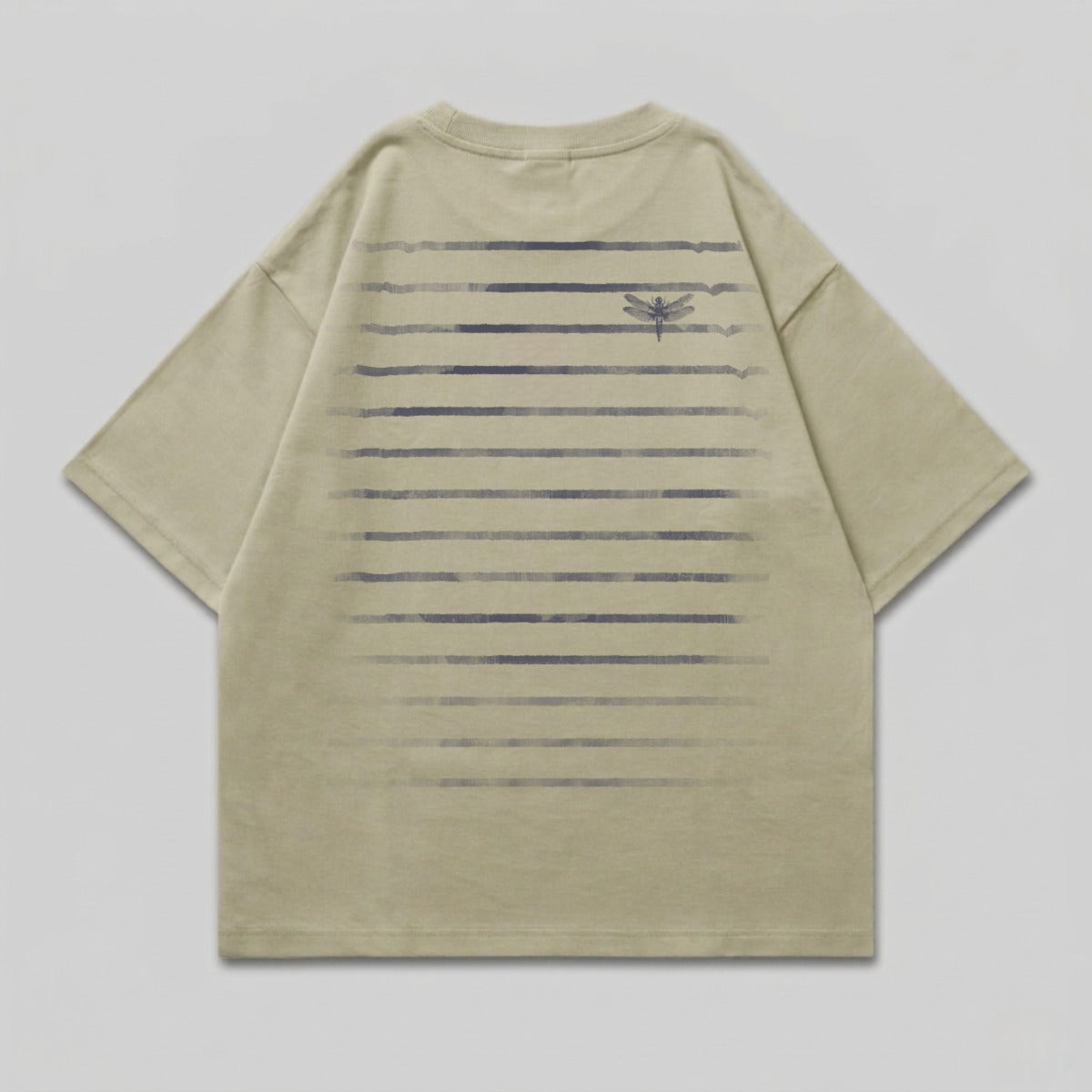 Khaki t-shirt with subtle horizontal stripe pattern and dragonfly graphic.