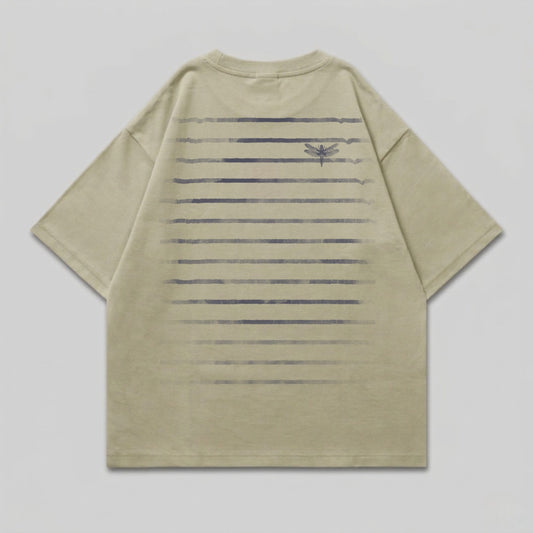 Khaki t-shirt with subtle horizontal stripe pattern and dragonfly graphic.