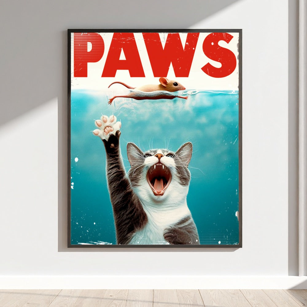 Funny Cat Paws Poster with Mouse Swimming Design