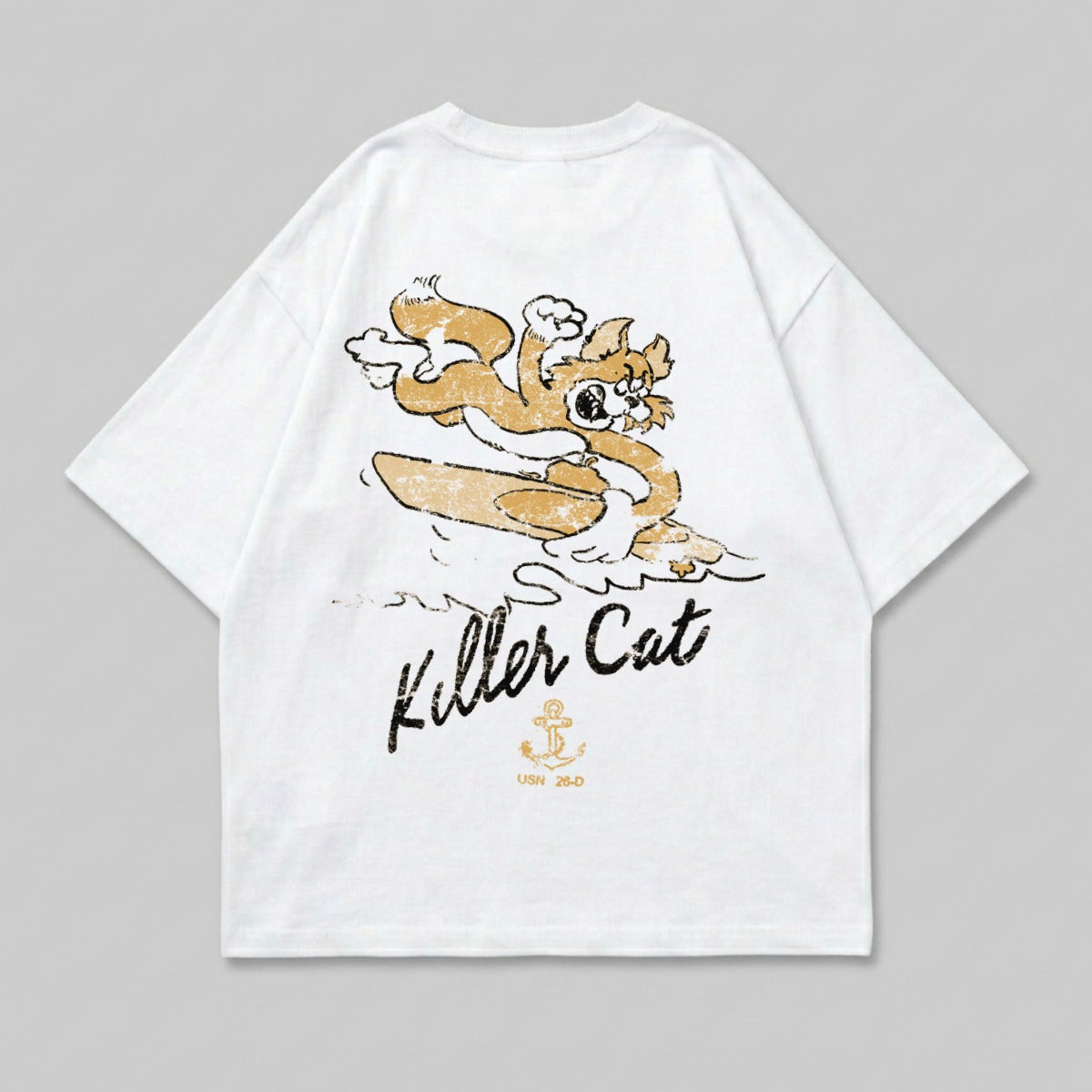 White t-shirt with "Killer Cat" text and a cartoon cat surfing.