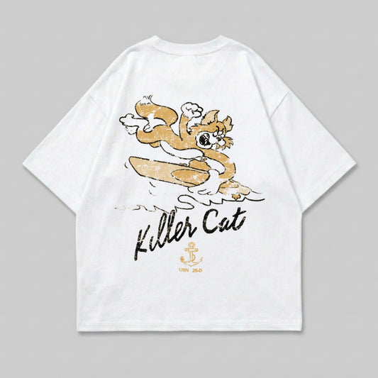 White t-shirt with "Killer Cat" text and a cartoon cat surfing.