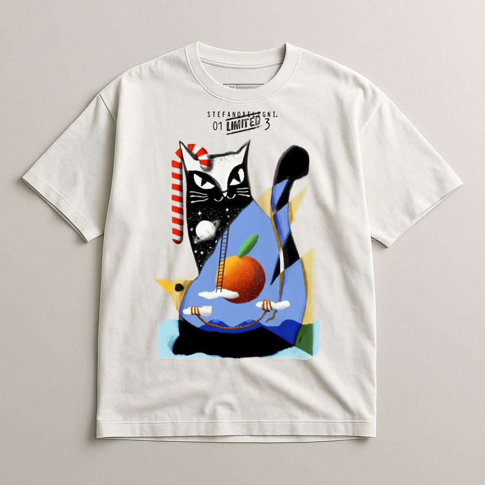 Stylish White T-Shirt with Modern Artistic Cat Design