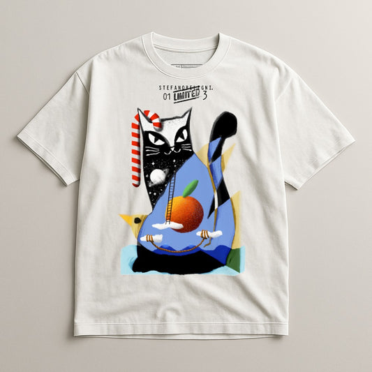 Stylish White T-Shirt with Modern Artistic Cat Design