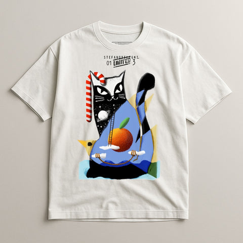 Stylish White T-Shirt with Modern Artistic Cat Design