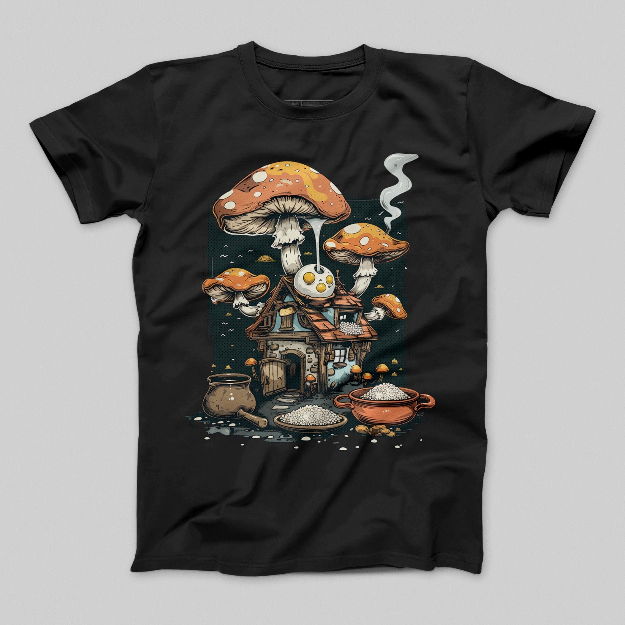 Enchanted Mushroom Cottage Art Graphic T-Shirt