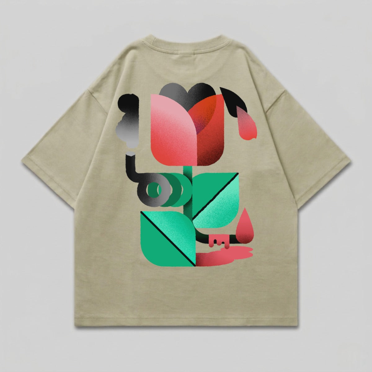 T-shirt with abstract red and green floral design and stylized smoke.
