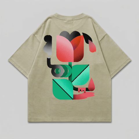 T-shirt with abstract red and green floral design and stylized smoke.