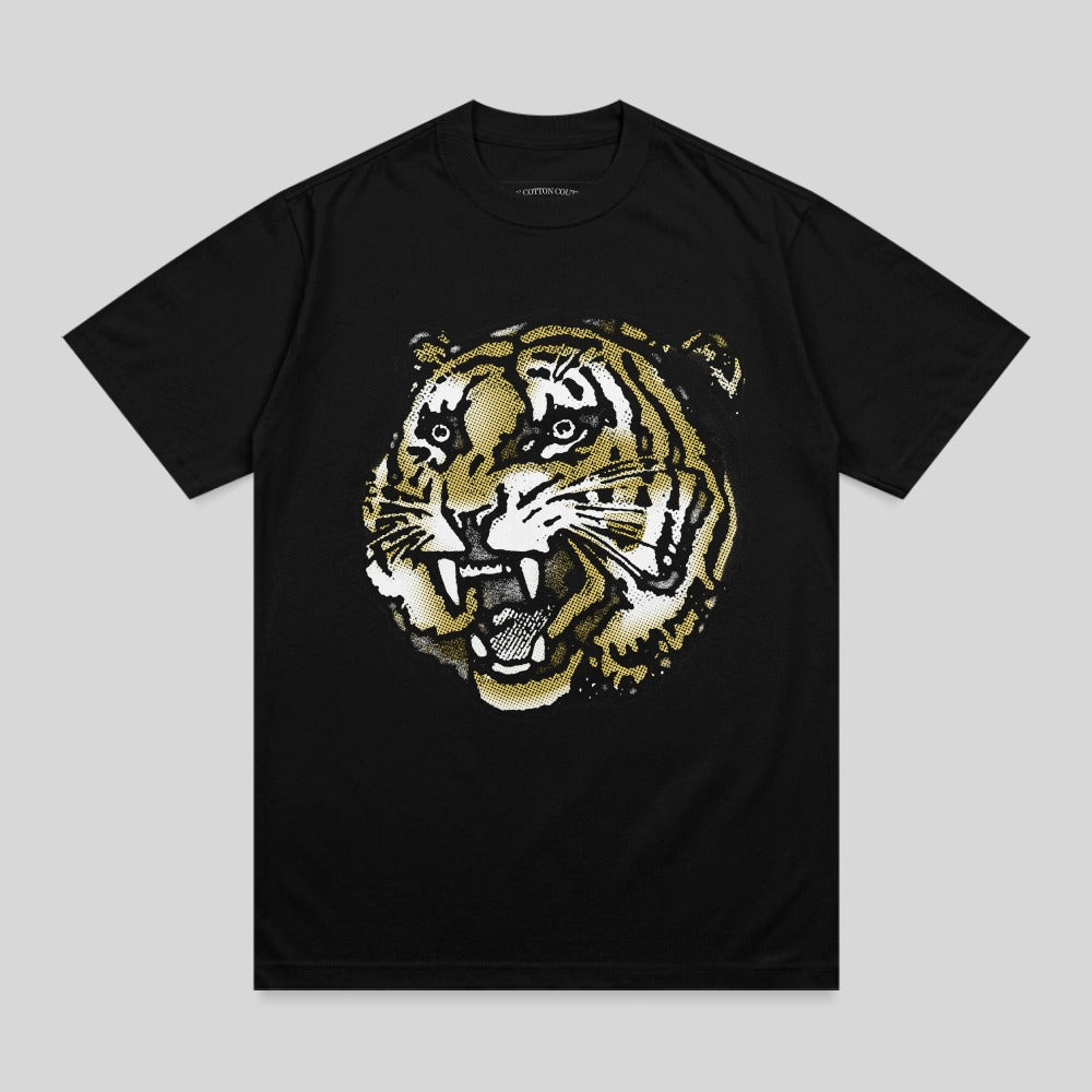 Black t-shirt with a fierce roaring tiger head graphic.