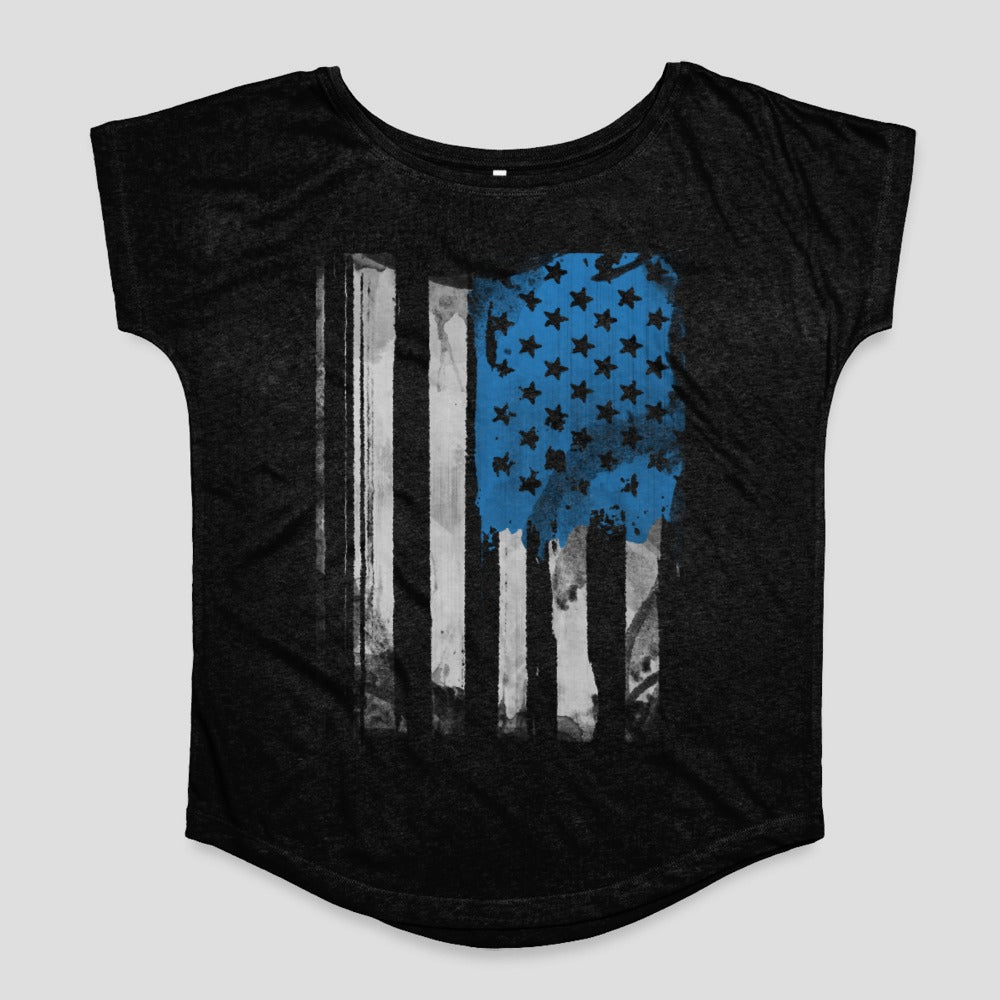 Distressed American Flag with Blue Stripe graphic shirt