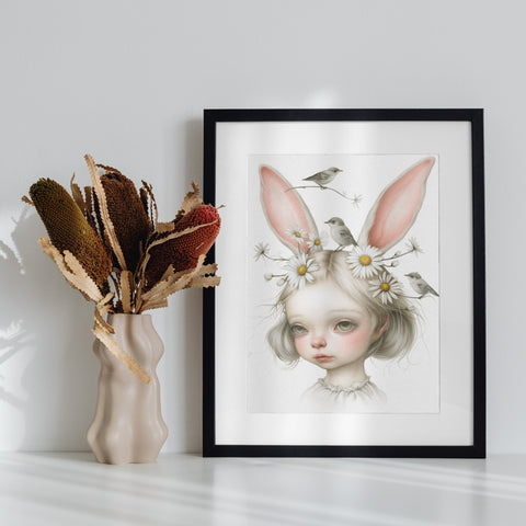 Whimsical Art Print with Bunny Ears and Birds Artwork