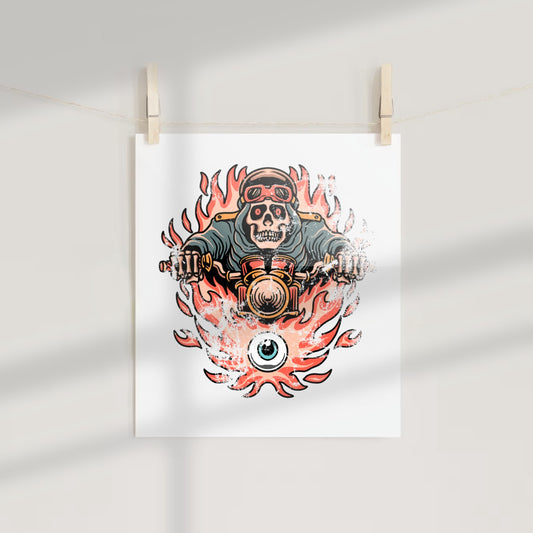 Fiery Skull Biker with Flaming Eyeball Art Print